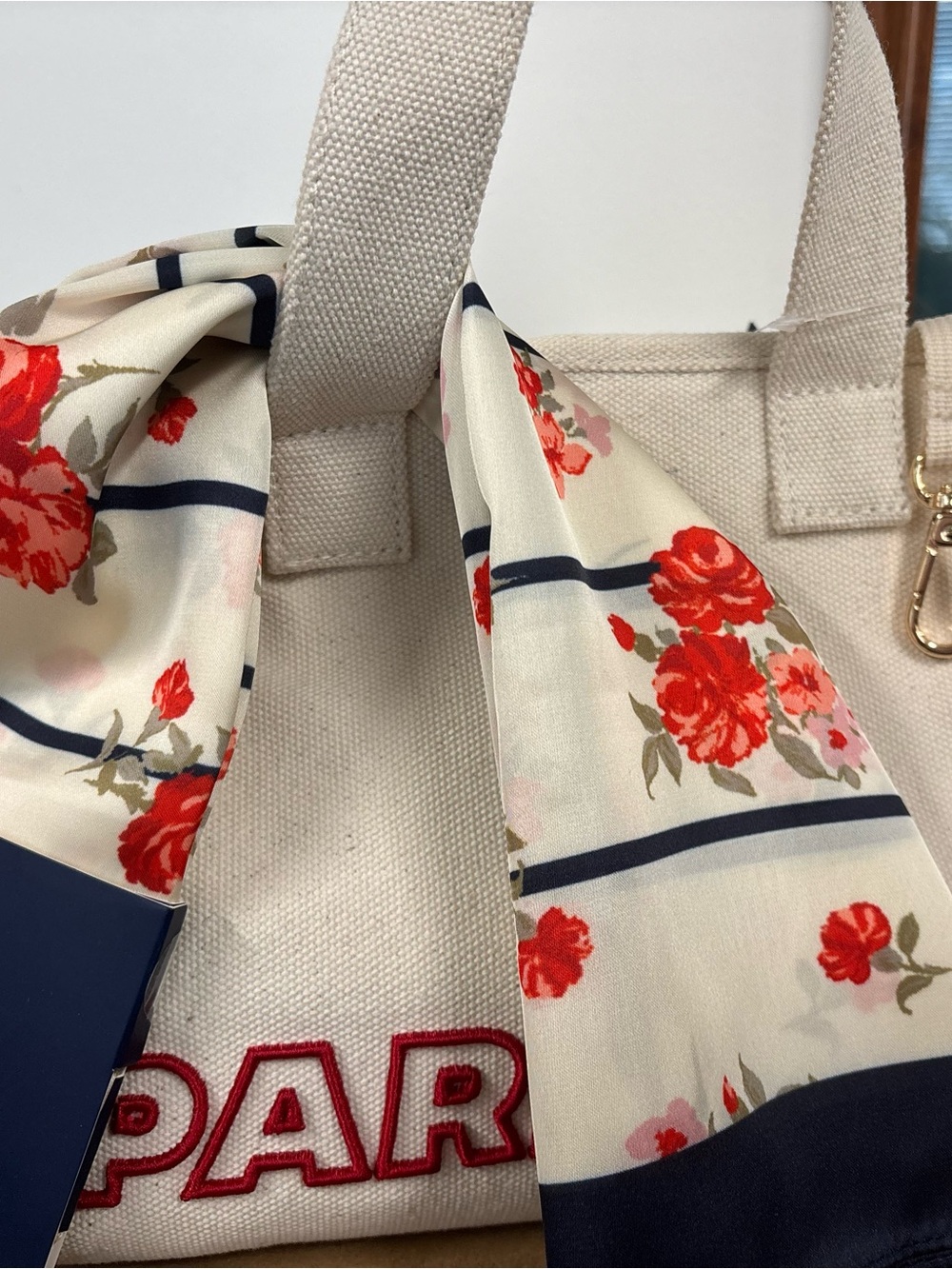 Parke Canvas Tote with Floral Scarf Accent - Cream and Red - NWT
